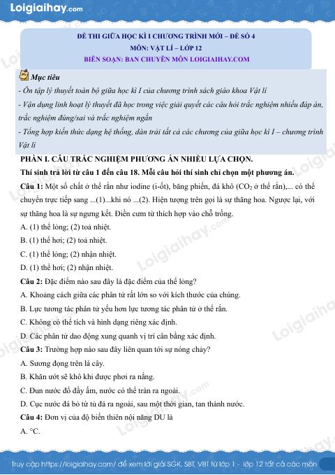 Đề thi giữa học kì 1 Vật lí 12 Cánh diều - Đề số 4